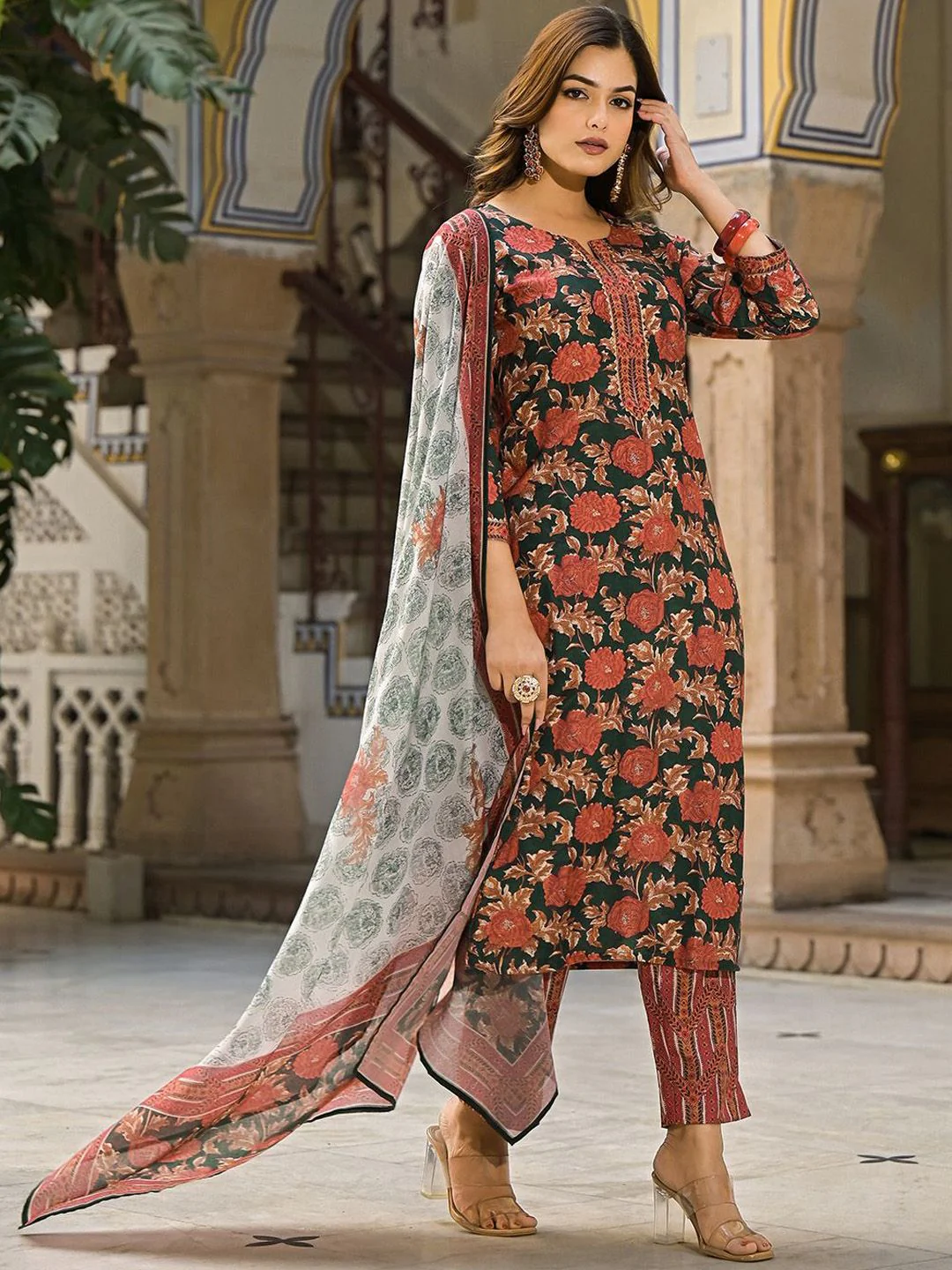 KALINI Women Floral Printed Round Neck Straight Kurta with Trousers & With Dupatta - Image 5