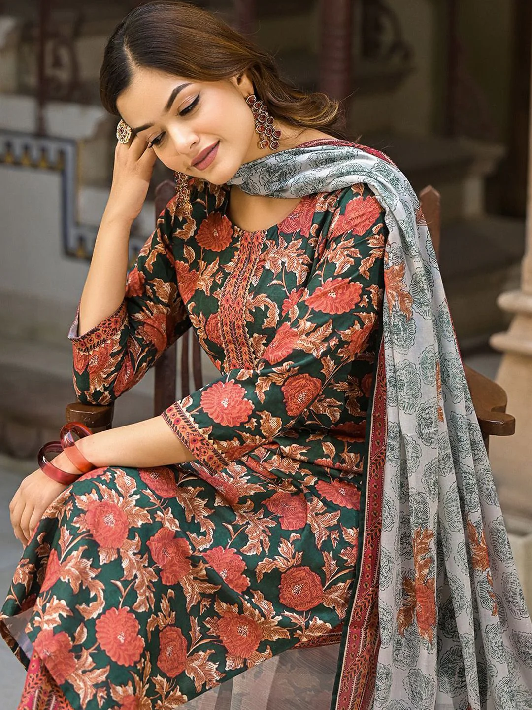 KALINI Women Floral Printed Round Neck Straight Kurta with Trousers & With Dupatta - Image 7