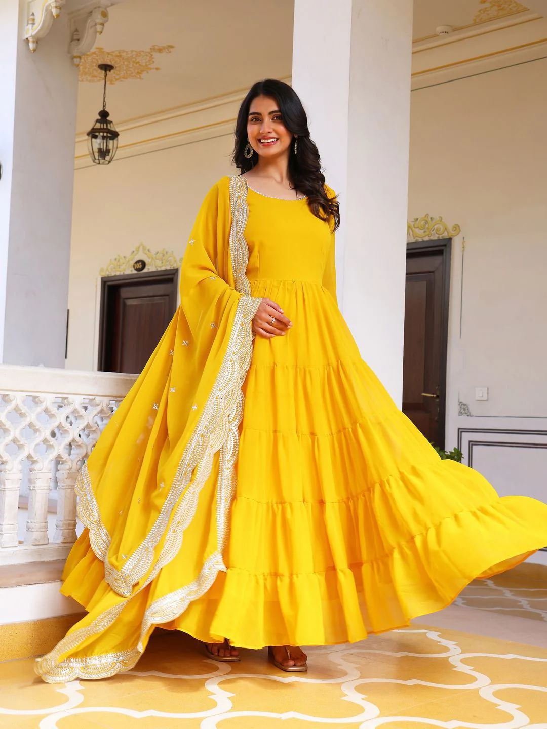 KALINI Women Tiered Kurta with Pyjamas & With Dupatta - Image 4