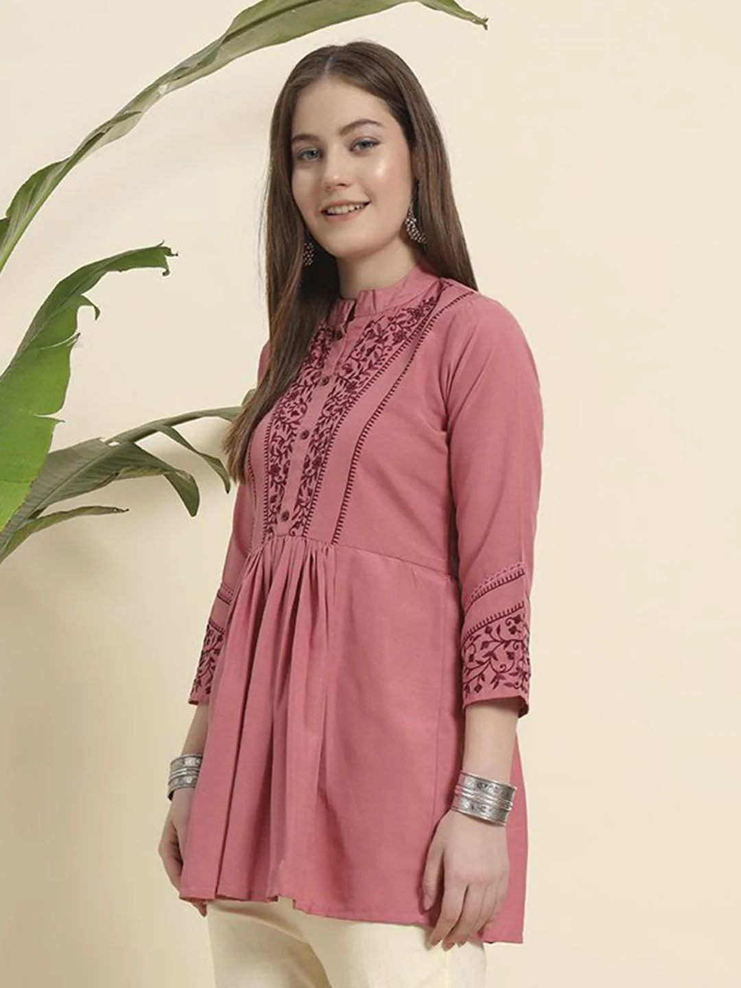 KALINI Women Viscose Rayon Mandarin Collar Embroidered Tunic - Image 4
