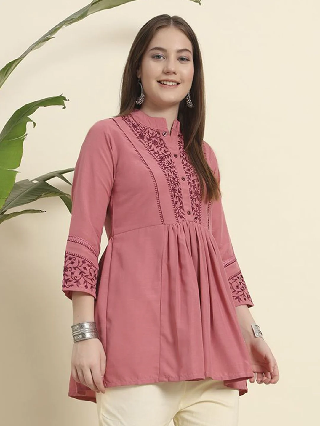 KALINI Women Viscose Rayon Mandarin Collar Embroidered Tunic - Image 5