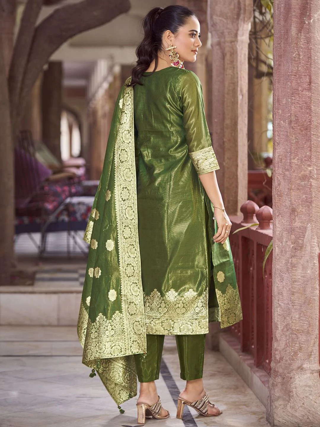 KALINI Women Woven Straight Silk Blend Kurta with Trousers & With Dupatta - Image 4