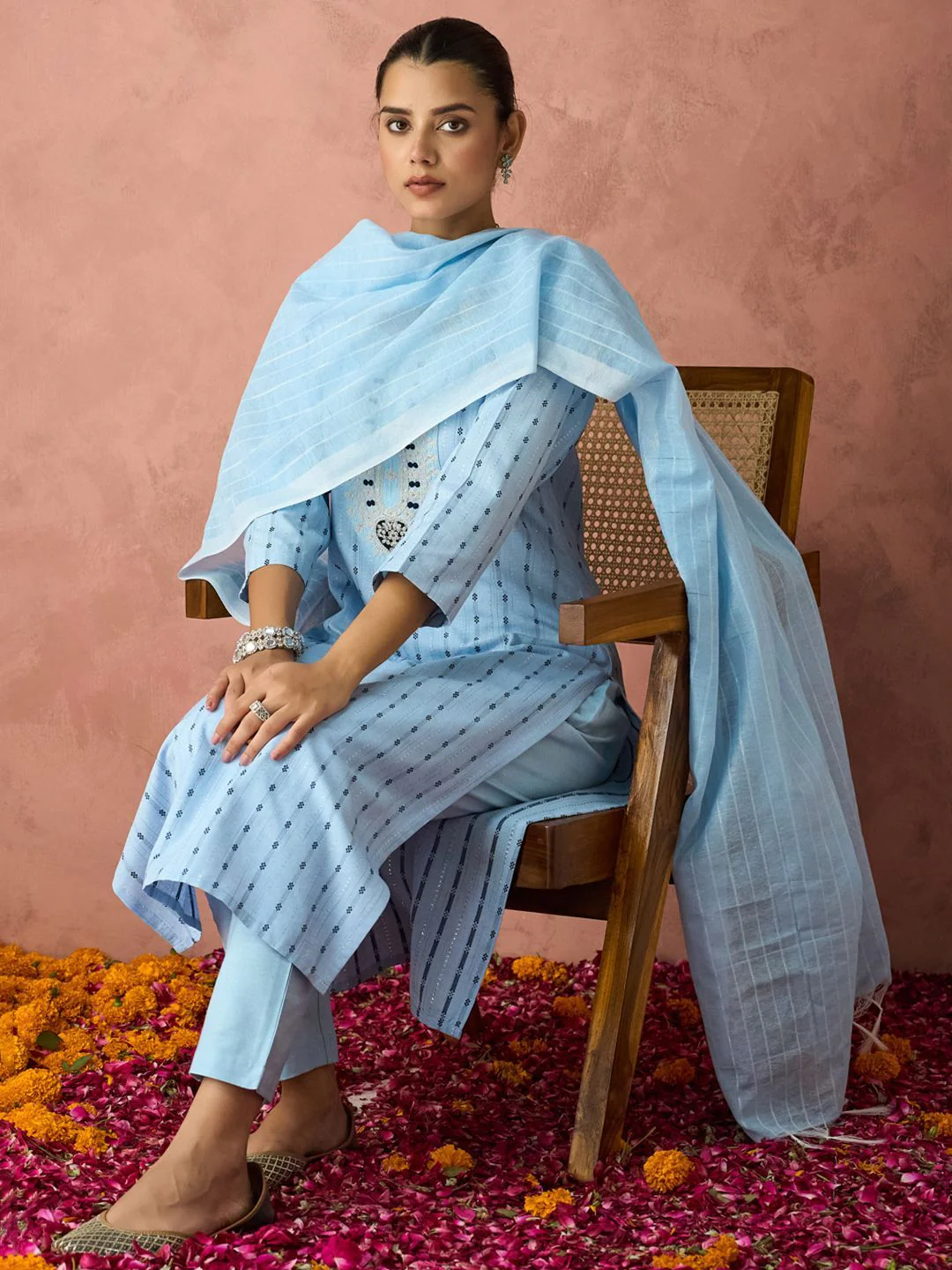 KALINI Woven Design Straight Kurta With Trouser And Dupatta - Image 5