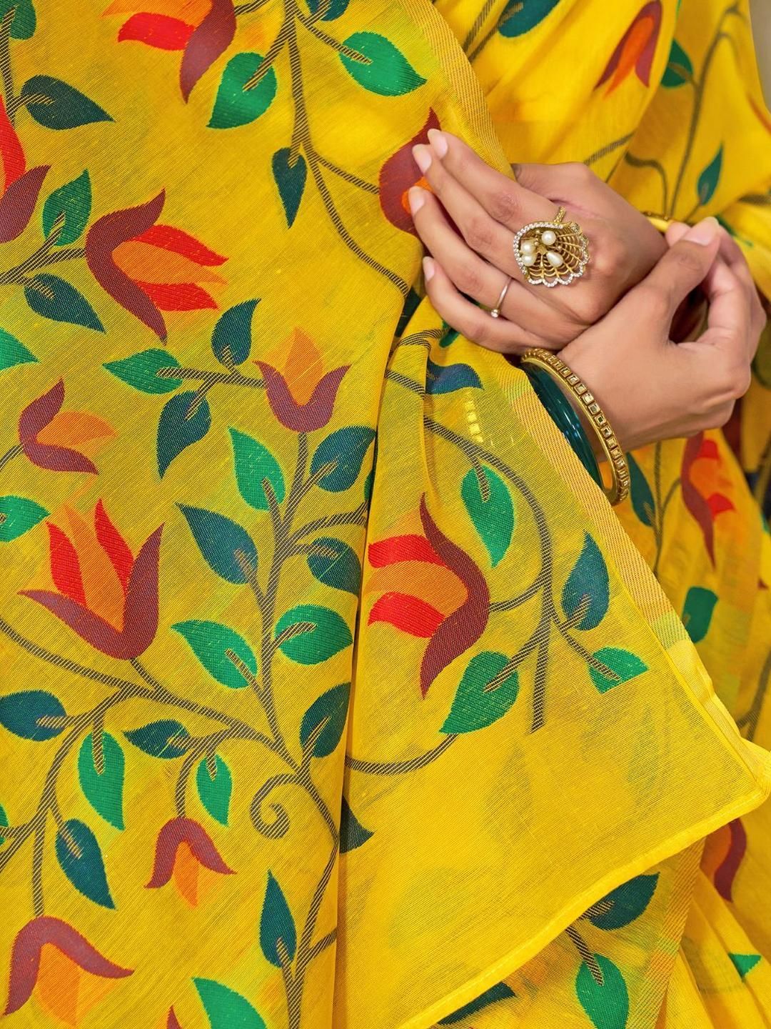 KALINI Yellow Pure Cotton Woven Design Sarees - Image 3