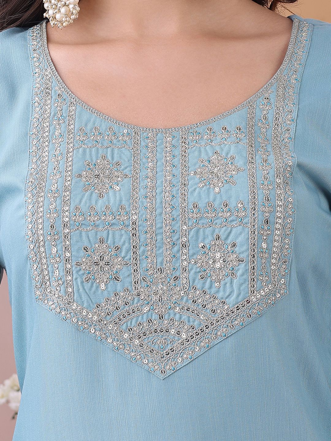 KALINI Yoke Design Sequinned Straight Kurta With Trousers And Dupatta - Image 2