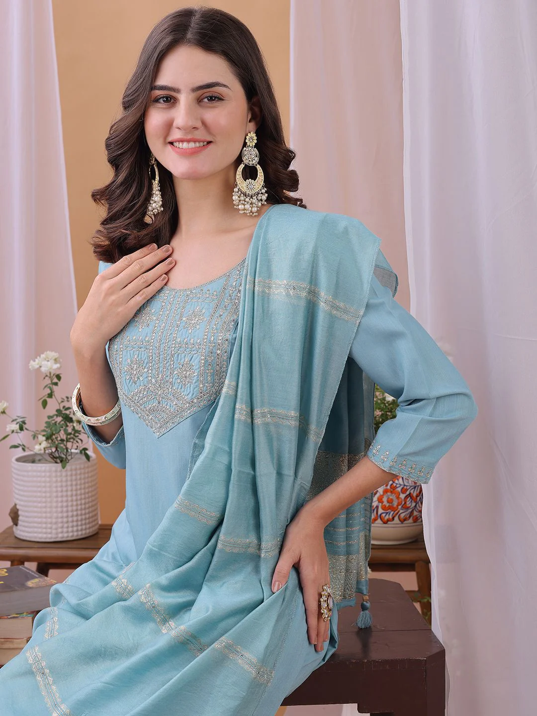 KALINI Yoke Design Sequinned Straight Kurta With Trousers And Dupatta - Image 4