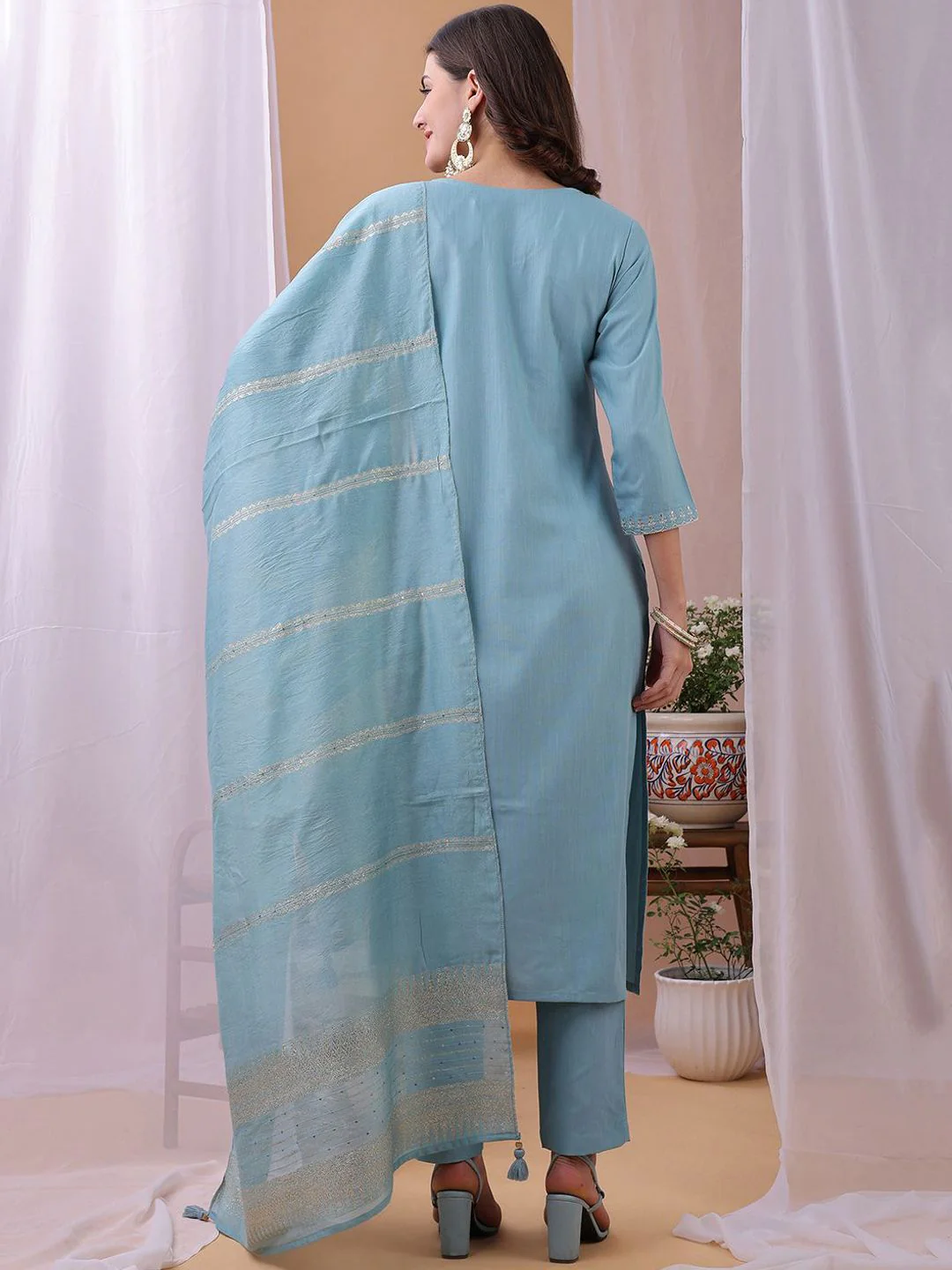 KALINI Yoke Design Sequinned Straight Kurta With Trousers And Dupatta - Image 5