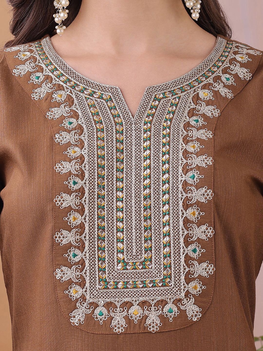 KALINI Yoke Design Sequinned Straight Kurta With Trousers And Dupatta - Image 2