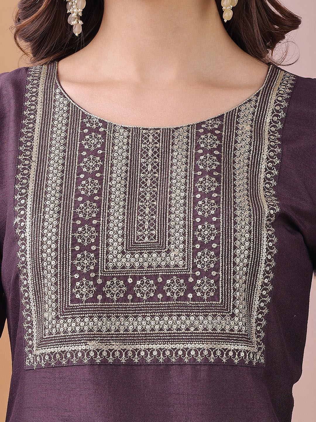 KALINI Yoke Design Sequinned Straight Kurta With Trousers And Dupatta - Image 2