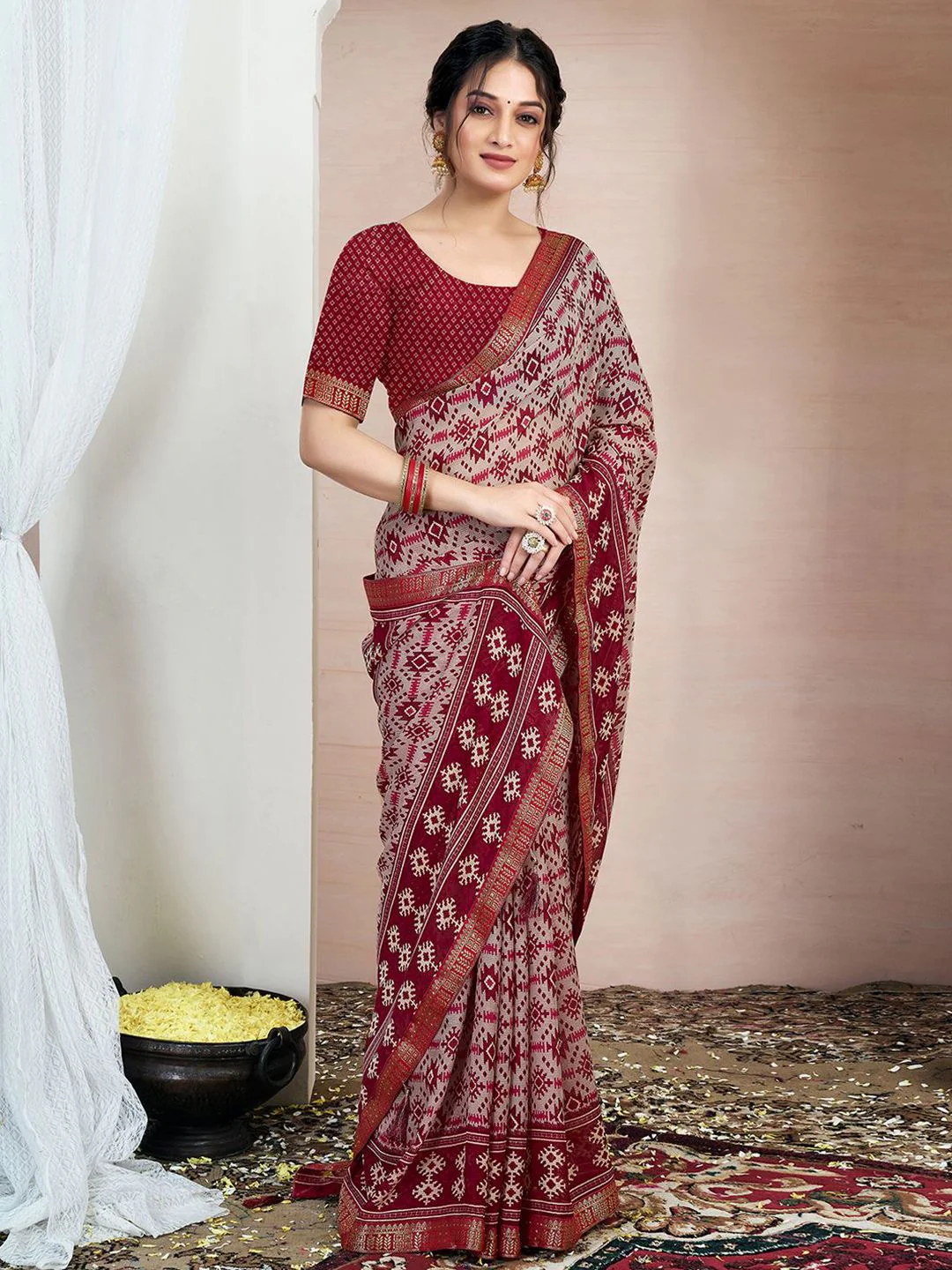 KALINI Zari Pure Chiffon Ikat Saree - Image 2