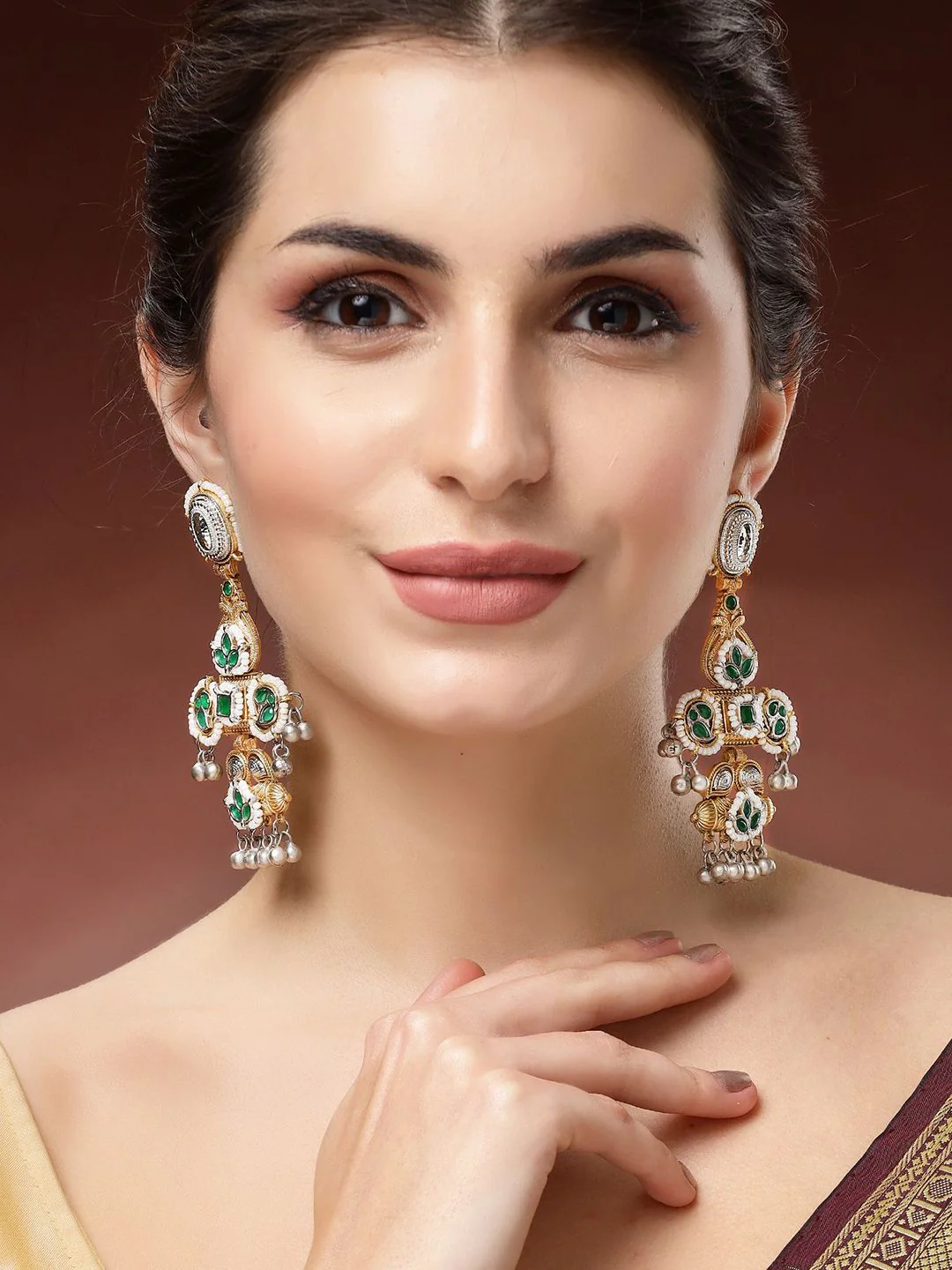 KARATCART Gold-Plated Contemporary Kundan Studded & Beaded Drop Earrings - Image 5