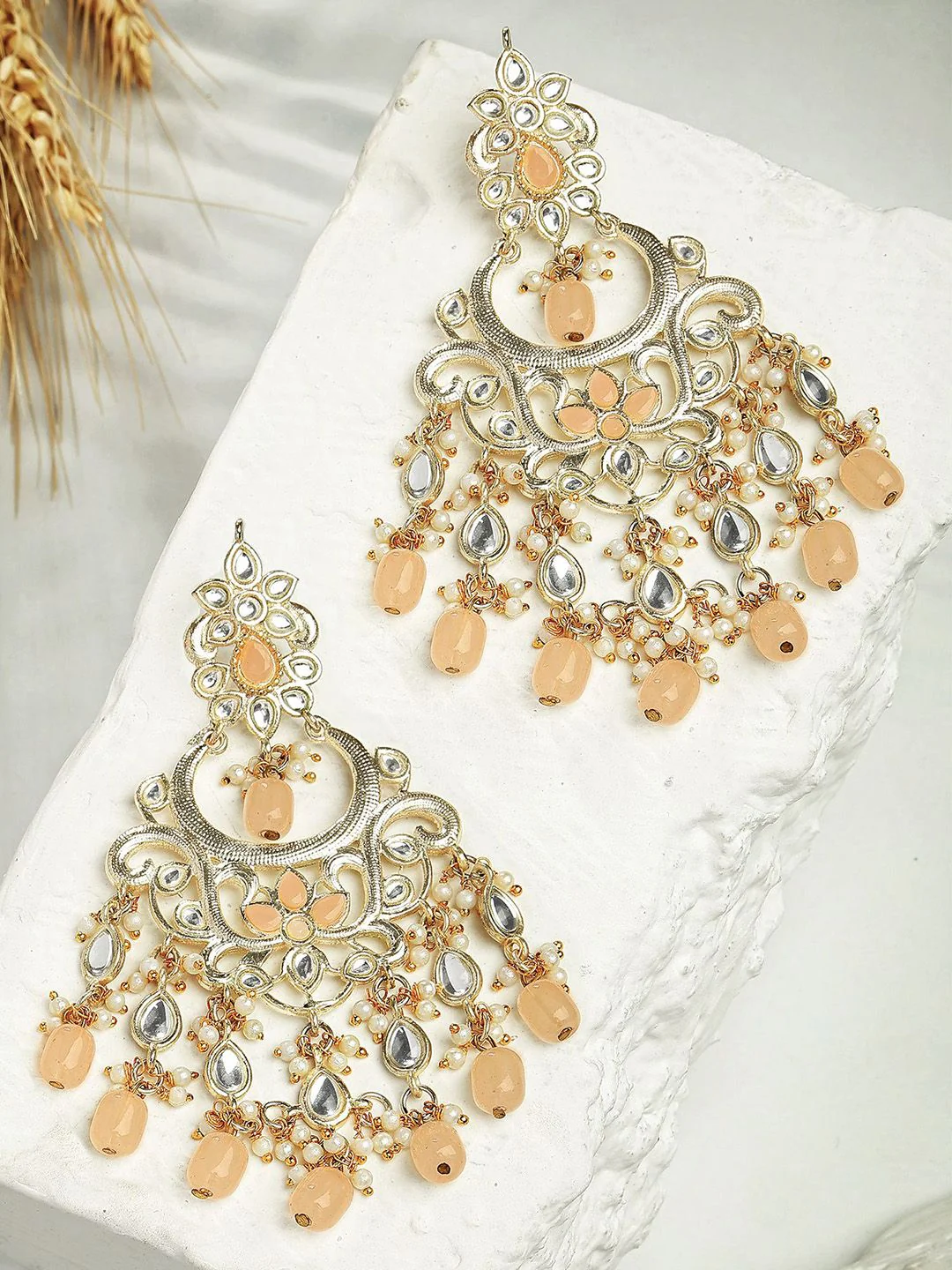 KARATCART Gold-Plated Contemporary Temple Kundan Studded Drop Earrings - Image 3