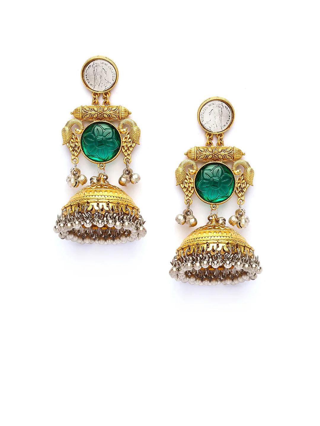 KARATCART Gold-Plated Dome Shaped Bird Motif Kundan Studded & Beaded Jhumkas - Image 3