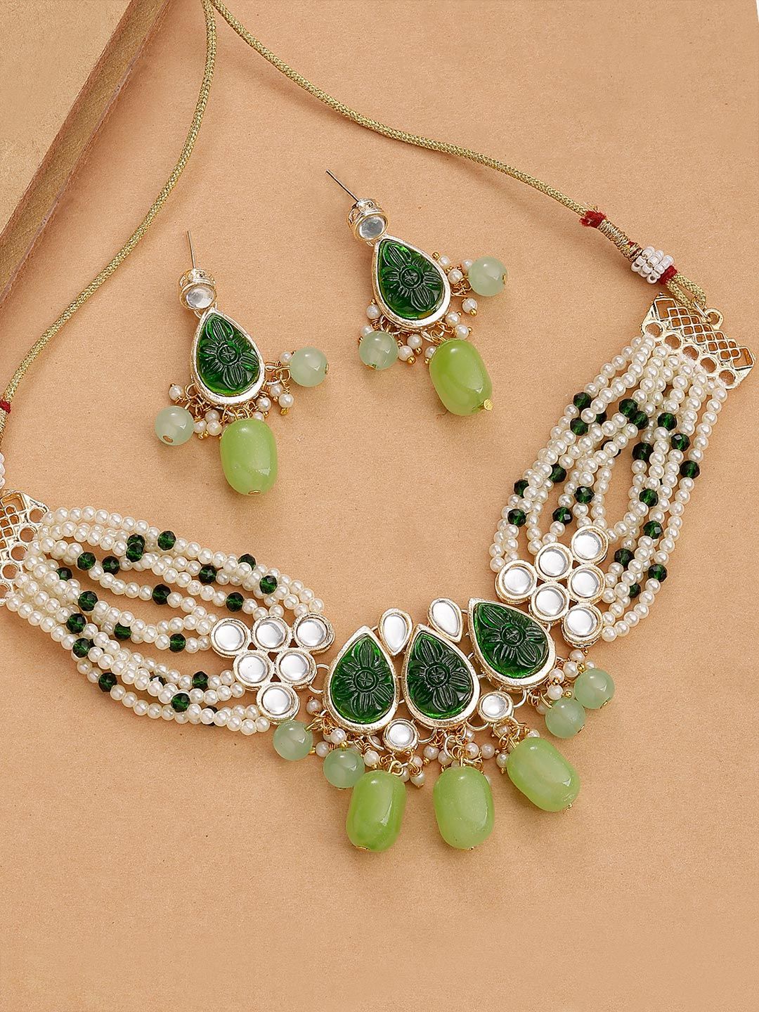 KARATCART Gold-Plated Kundan Stones-Studded & Beaded Jewellery Set - Image 3