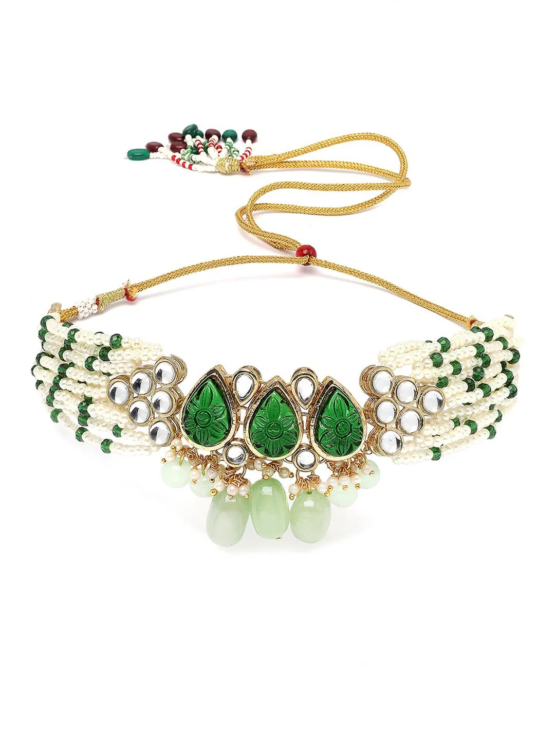 KARATCART Gold-Plated Kundan Stones-Studded & Beaded Jewellery Set - Image 4