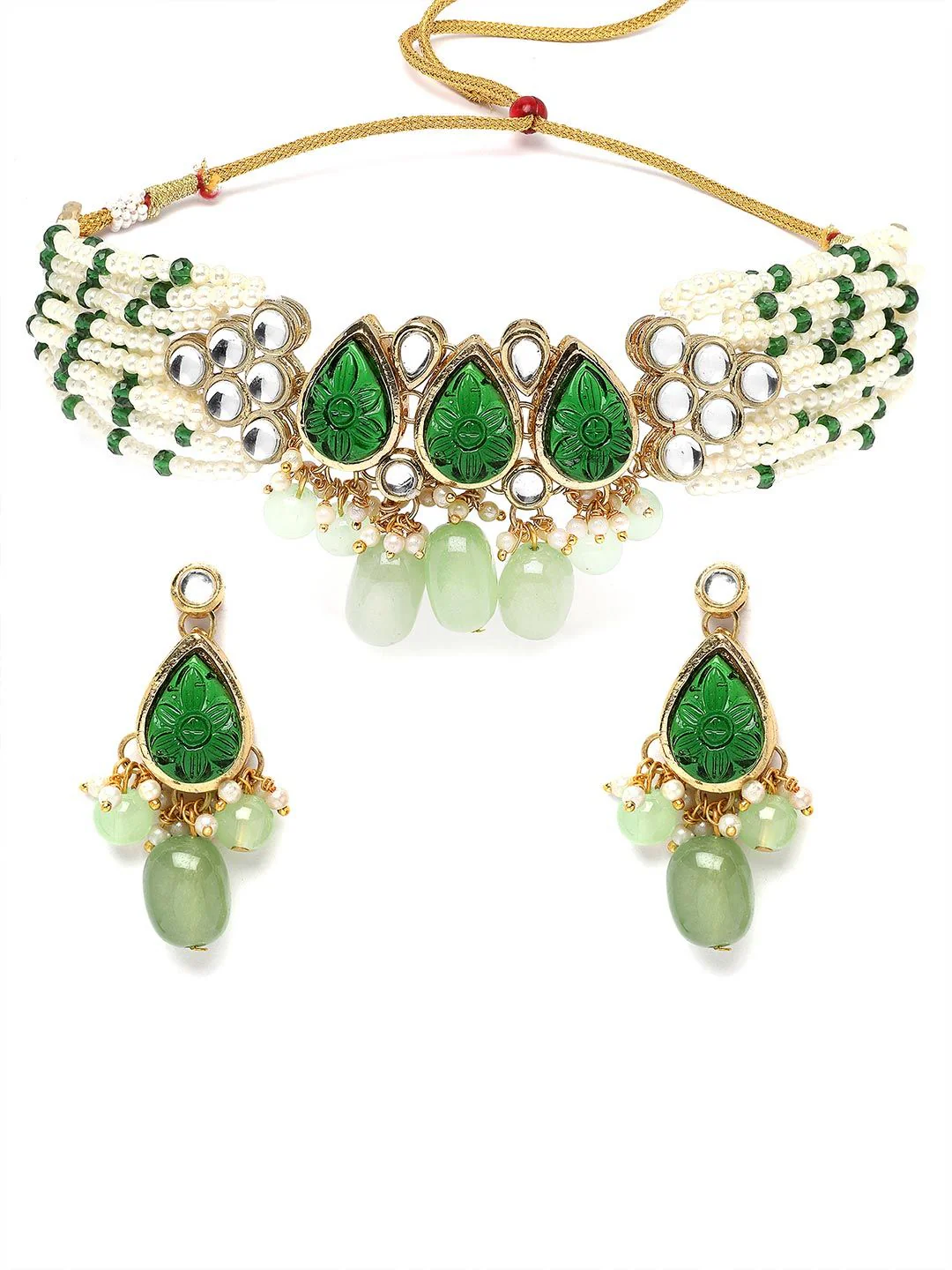 KARATCART Gold-Plated Kundan Stones-Studded & Beaded Jewellery Set - Image 5