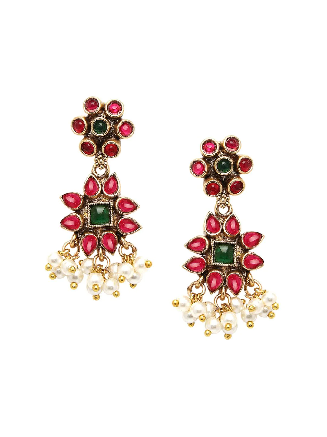 KARATCART Gold-Plated Stone Studded Floral Design Rani Haar Temple Necklace and Earrings - Image 5