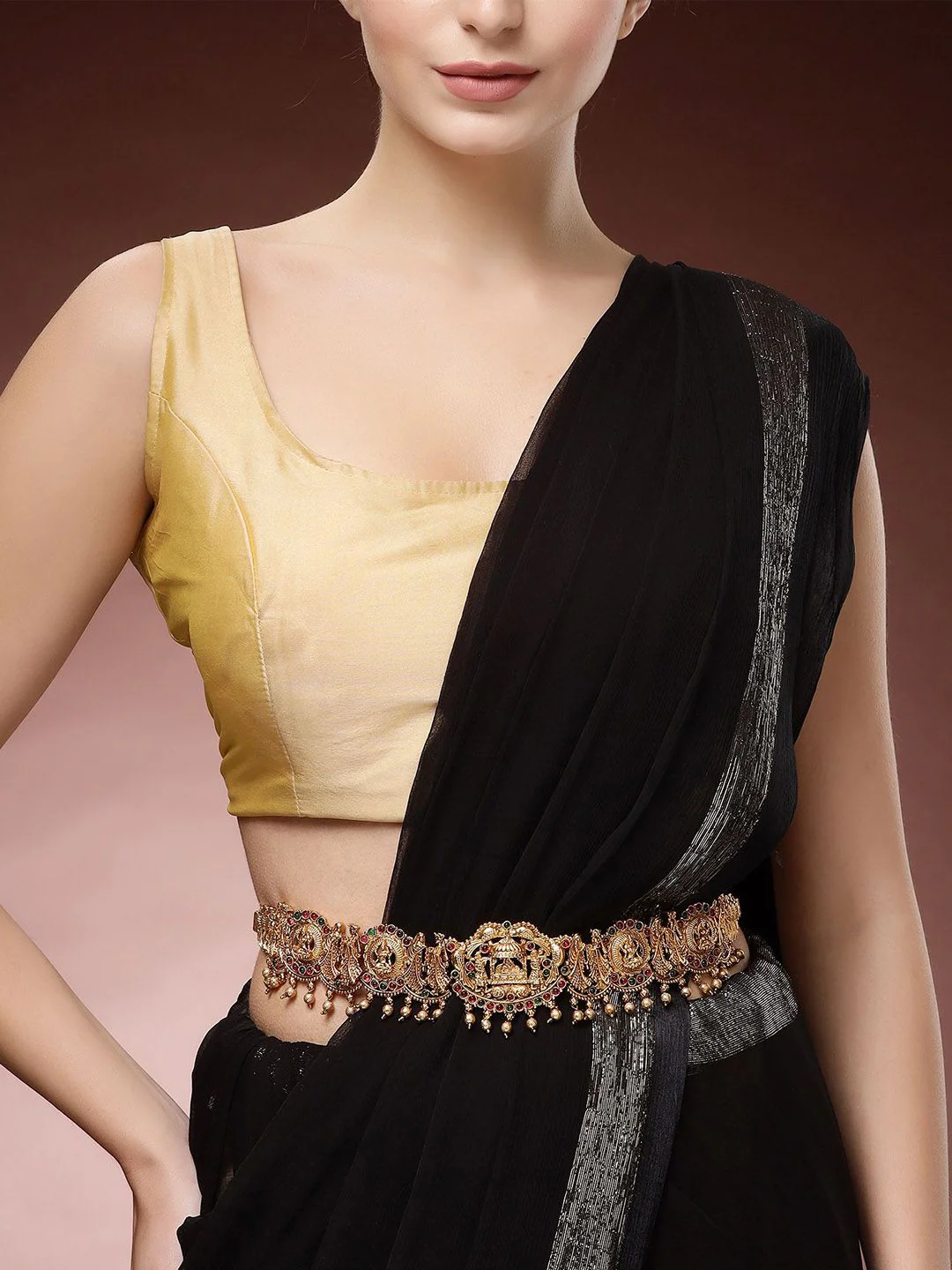 KARATCART Gold Plated Varmala Inspired Artificial Stones Studded Waist Chain - Image 6
