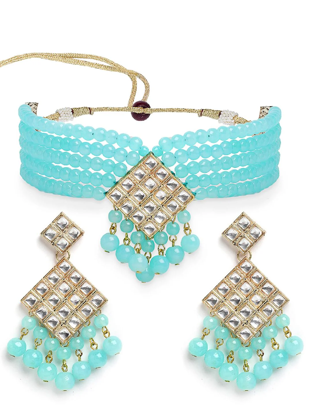 KARATCART Gold-Plated White & Blue Kundan-Studded & Beaded Jewellery Set - Image 2