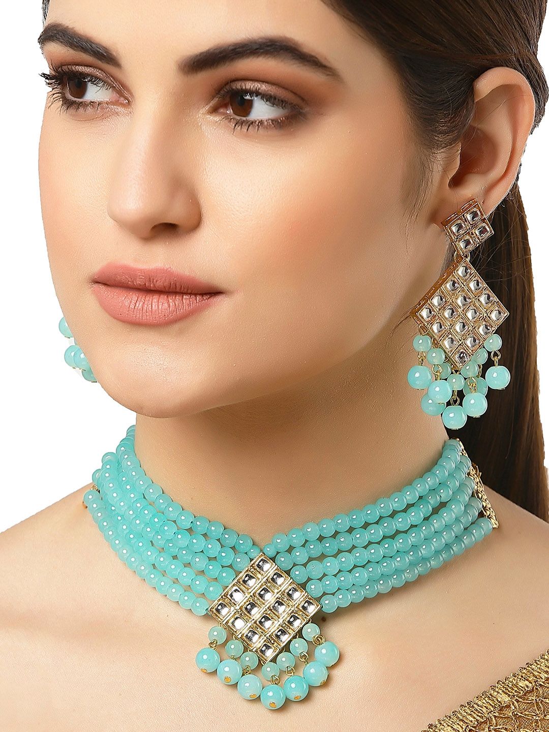 KARATCART Gold-Plated White & Blue Kundan-Studded & Beaded Jewellery Set - Image 6