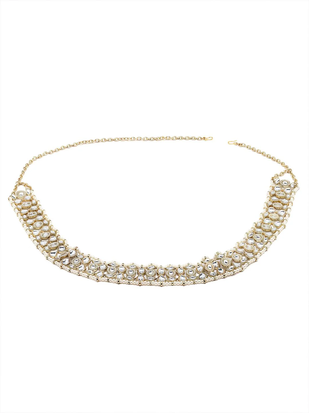 KARATCART Gold-Plated White Kundan-Studded & Pearl Beaded Waist Chain - Image 3