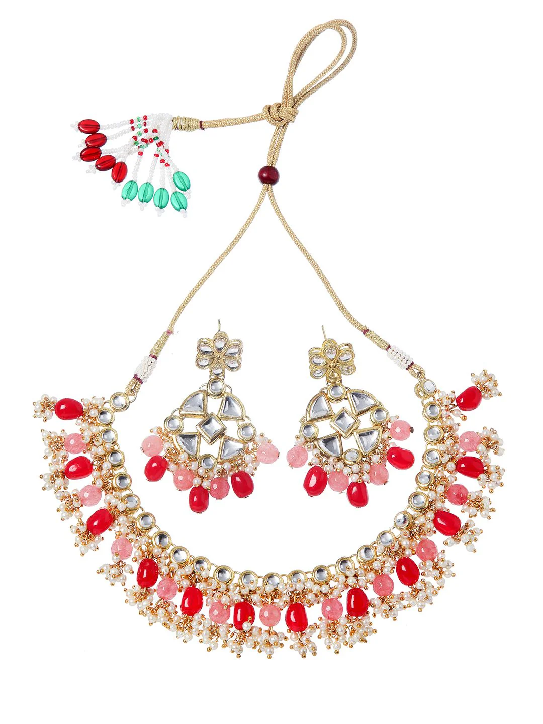 KARATCART Gold-Plated White & Red Kundan-Studded & Pearl Beaded Handcrafted Jewellery Set - Image 3
