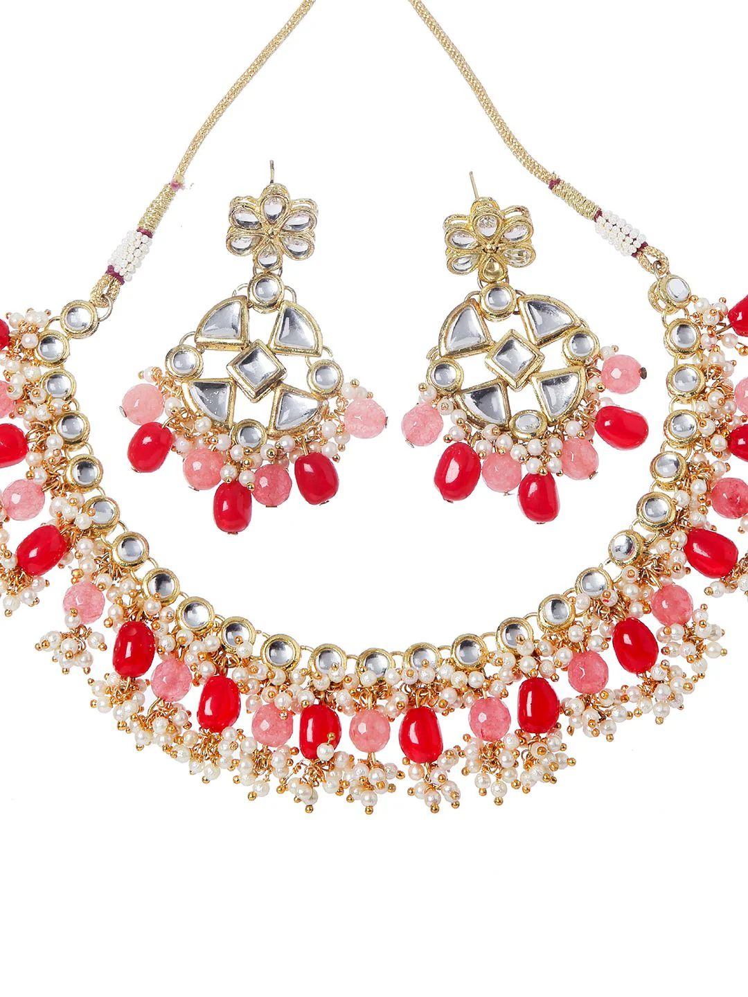 KARATCART Gold-Plated White & Red Kundan-Studded & Pearl Beaded Handcrafted Jewellery Set - Image 5