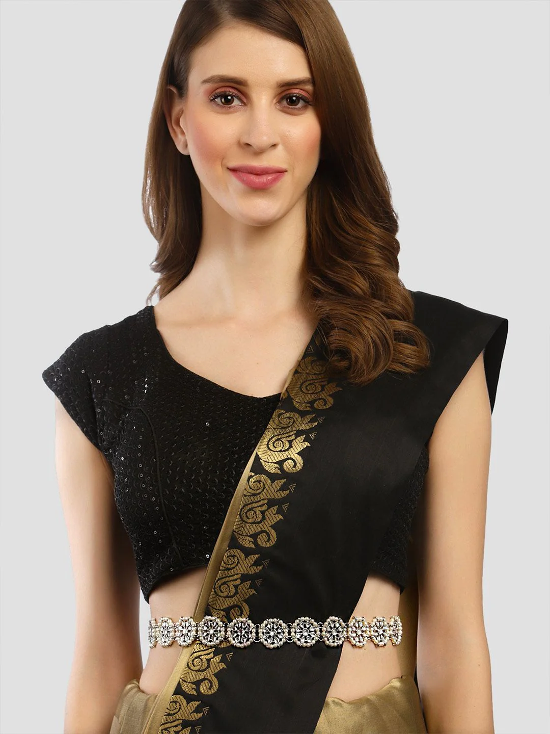 KARATCART Oxidised Sliver-Toned White Kundan-Studded Pearl Beaded Kamarbandh - Image 2