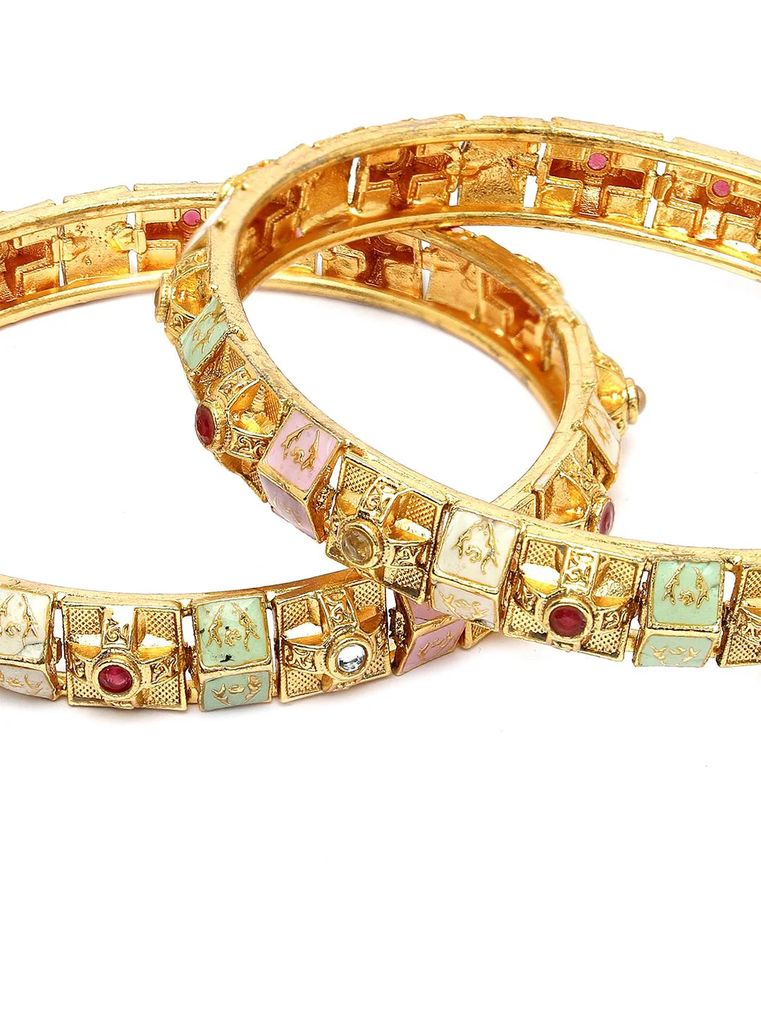 KARATCART Set of 2 Gold-Plated Kundan-Studded Meenakari Bangles - Image 5