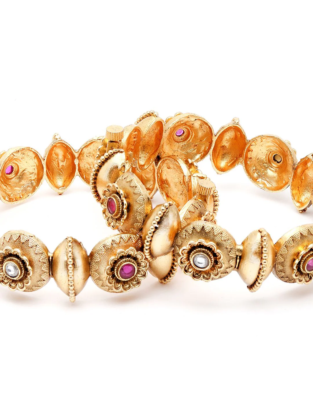 KARATCART Set Of 2 Gold-Plated Pink & White Kundan Floral Rajwadi Bangles - Image 4