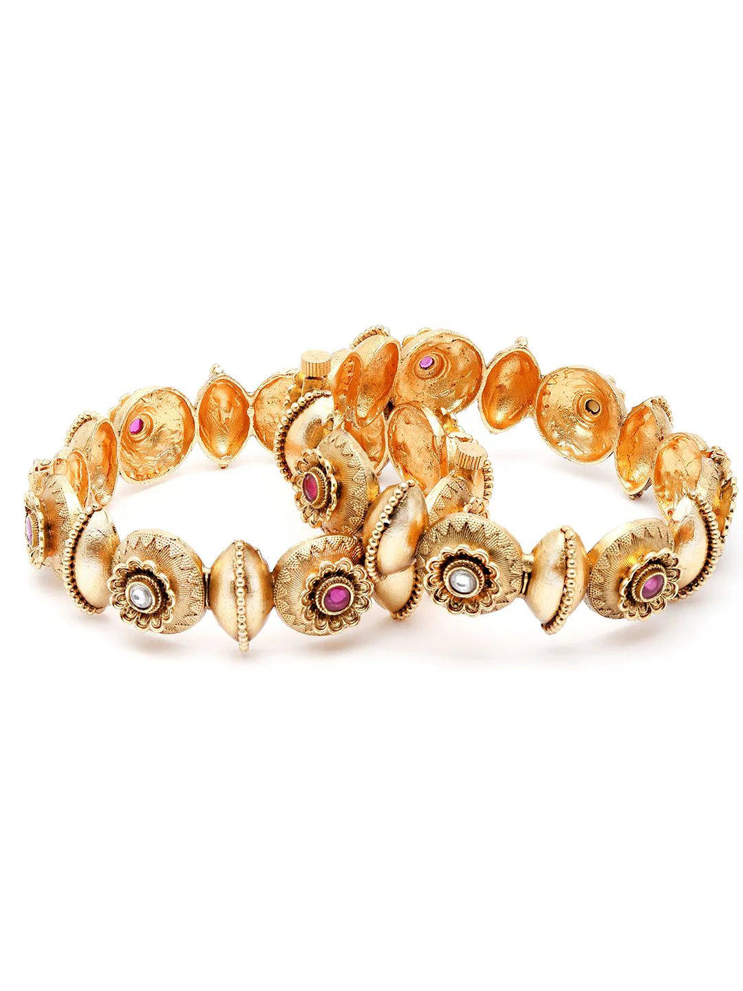 KARATCART Set Of 2 Gold-Plated Pink & White Kundan Floral Rajwadi Bangles - Image 5