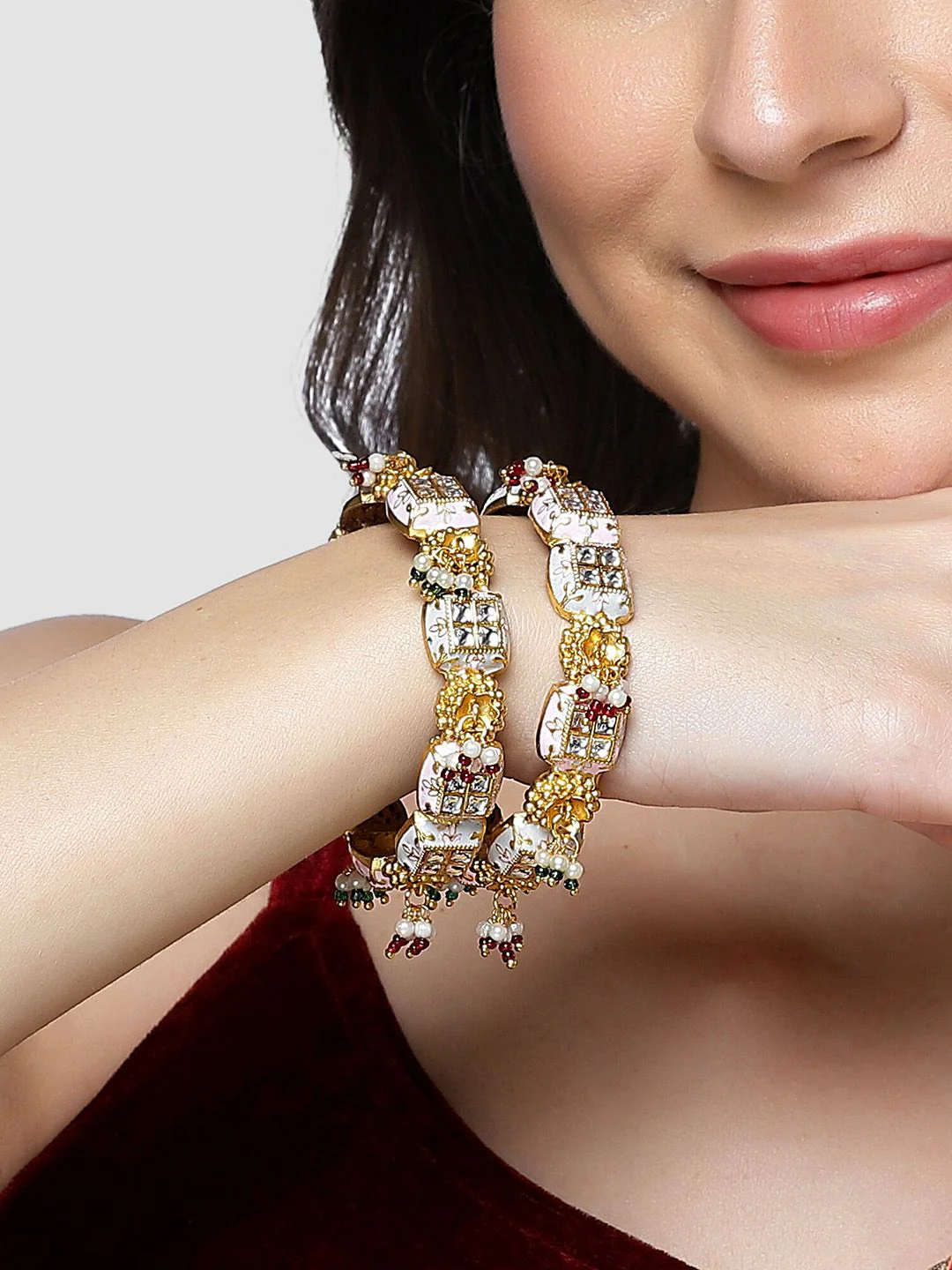 KARATCART Set Of 2 Gold-Plated Stone Studded Bangles - Image 6