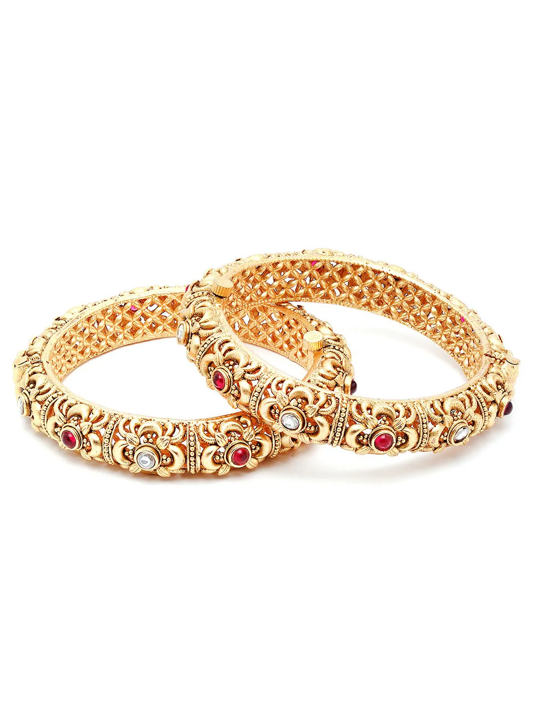 KARATCART Set Of 2 Gold-Plated White & Red Kundan-Studded Temple Bangles - Image 5