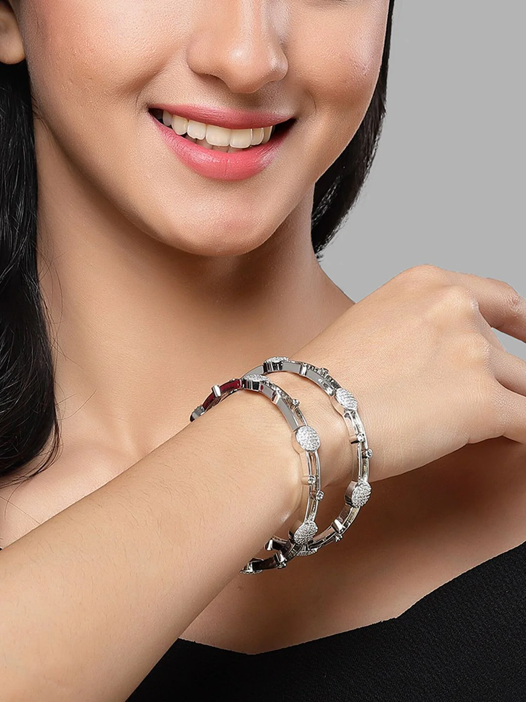 KARATCART Set Of 2 Silver Plated Cubic Zirconia Studded Bangles - Image 4