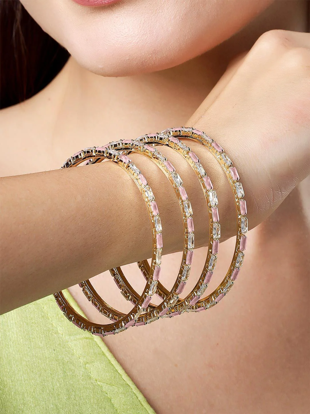 KARATCART Set Of 4 Gold-Plated American Diamond Studded Bangles - Image 2