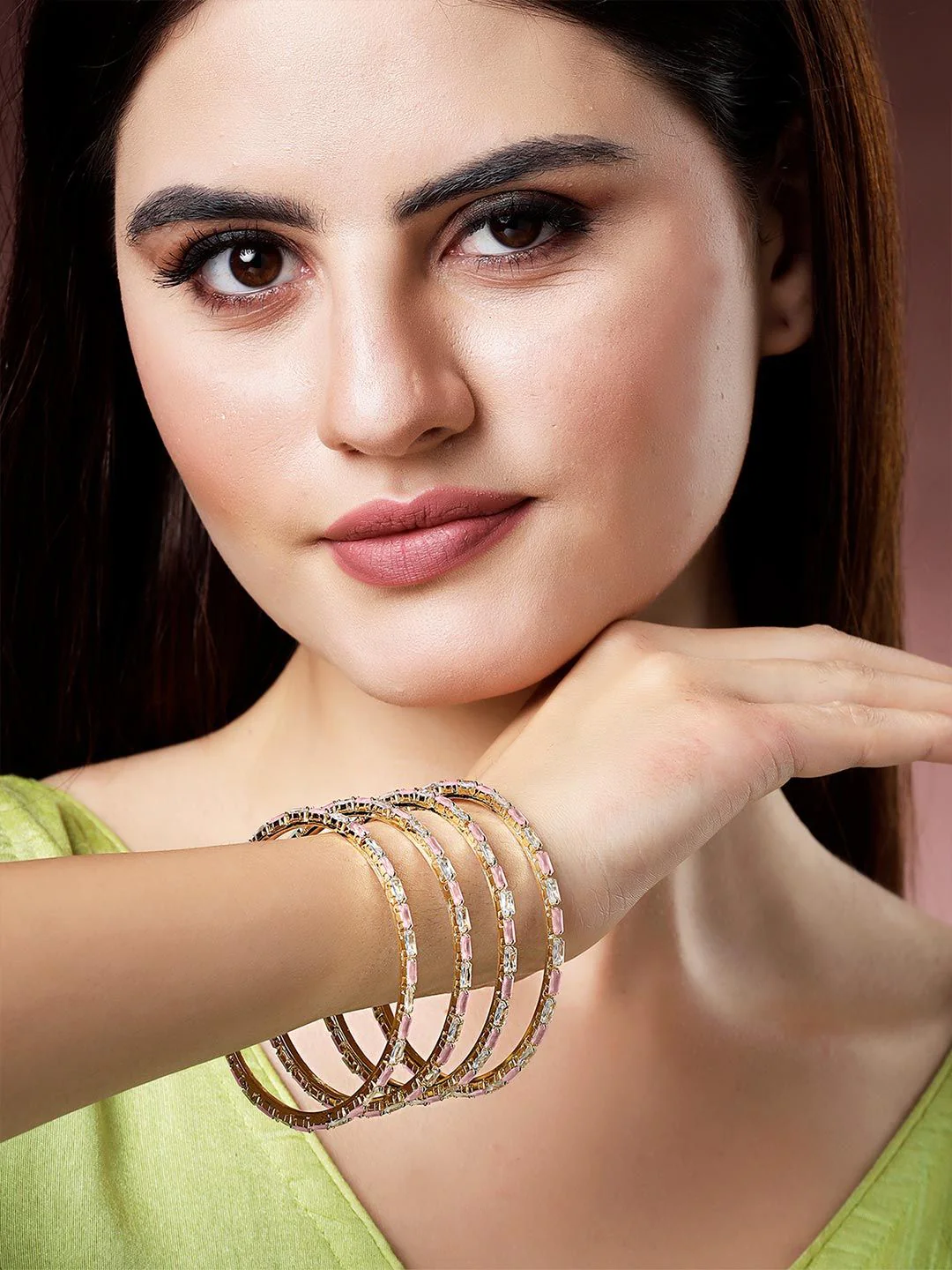 KARATCART Set Of 4 Gold-Plated American Diamond Studded Bangles - Image 3