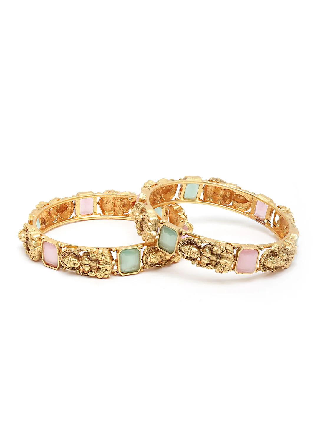 KARATCART Women Set of 2 Gold-Toned & Blue Rajwadi Gold Plated Temple Bangles - Image 3