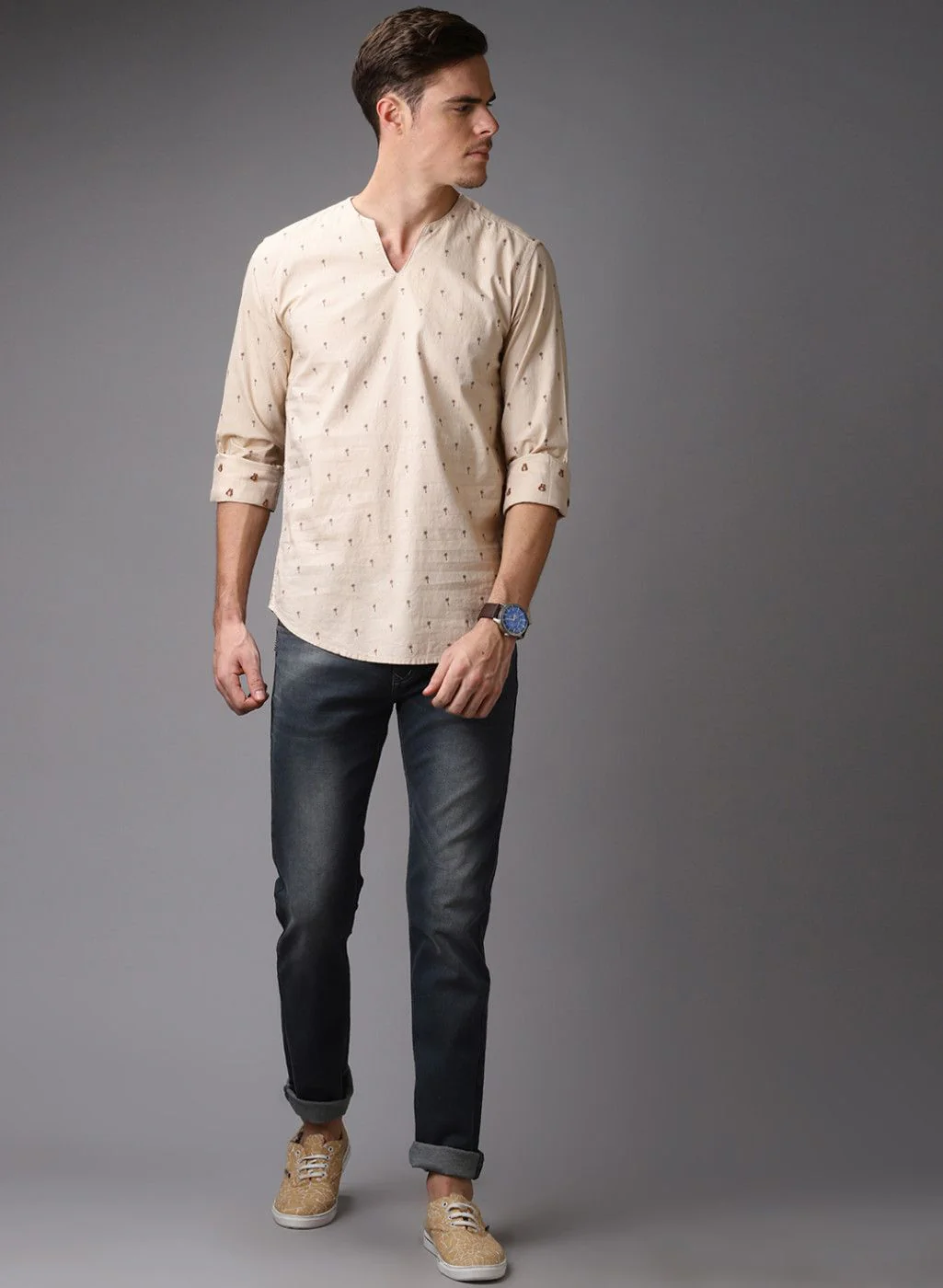 Khaki Printed Straight Kurta - Image 4