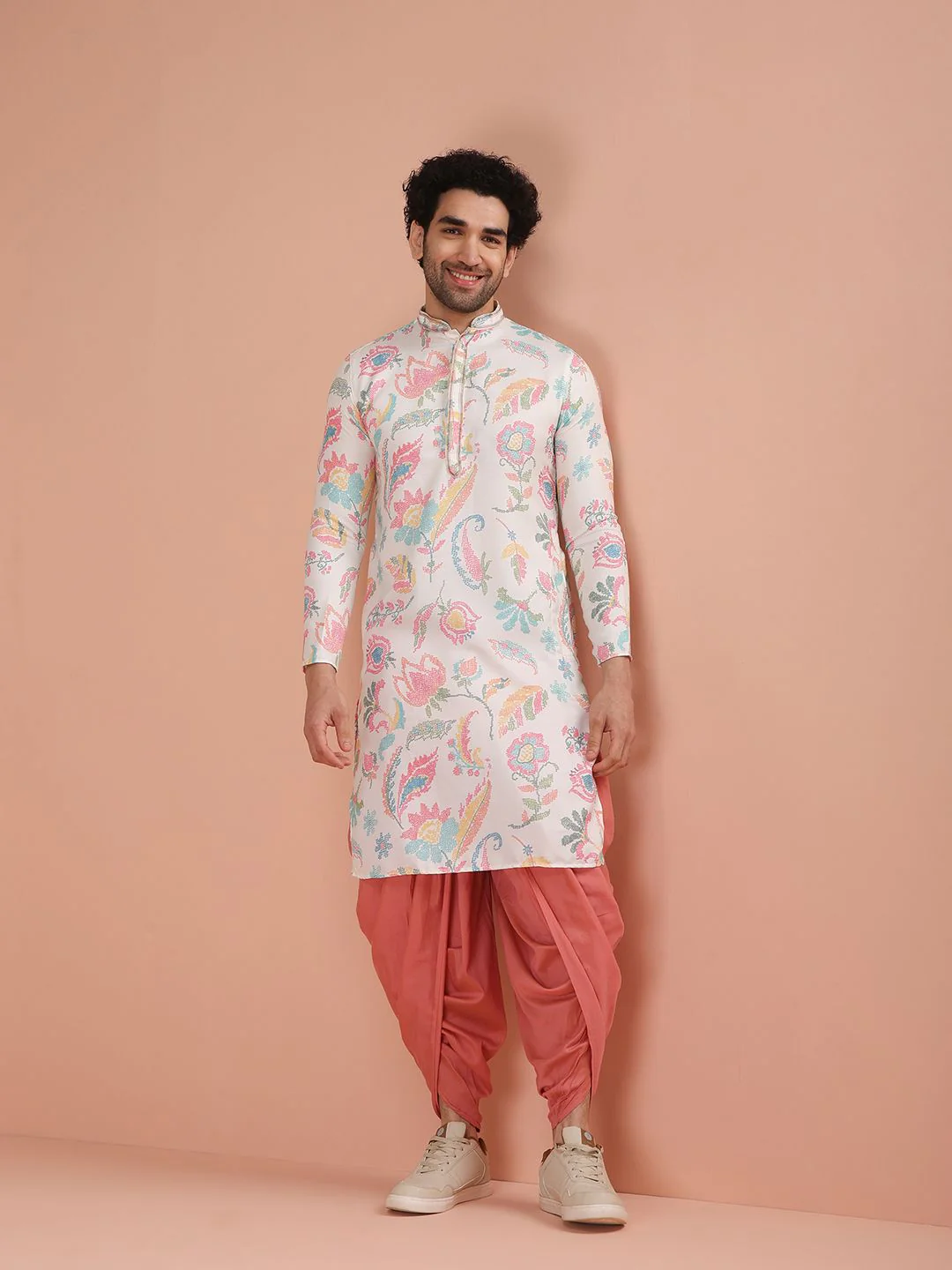 KISAH Floral Printed Mandarin Collar Kurta With Dhoti Pants - Image 2
