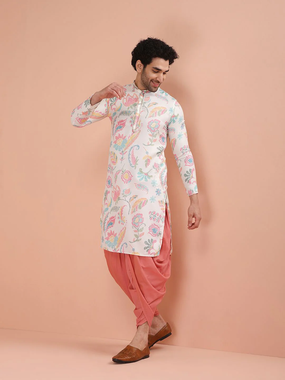 KISAH Floral Printed Mandarin Collar Kurta With Dhoti Pants - Image 5