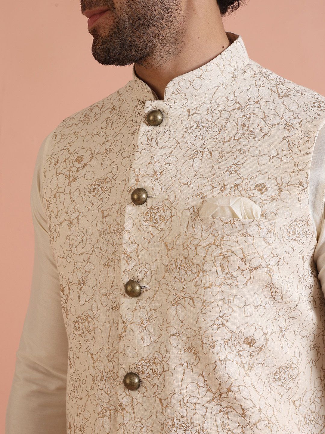 KISAH Floral Printed Mandarin Collar Straight Kurta With Trousers & Jacket - Image 2