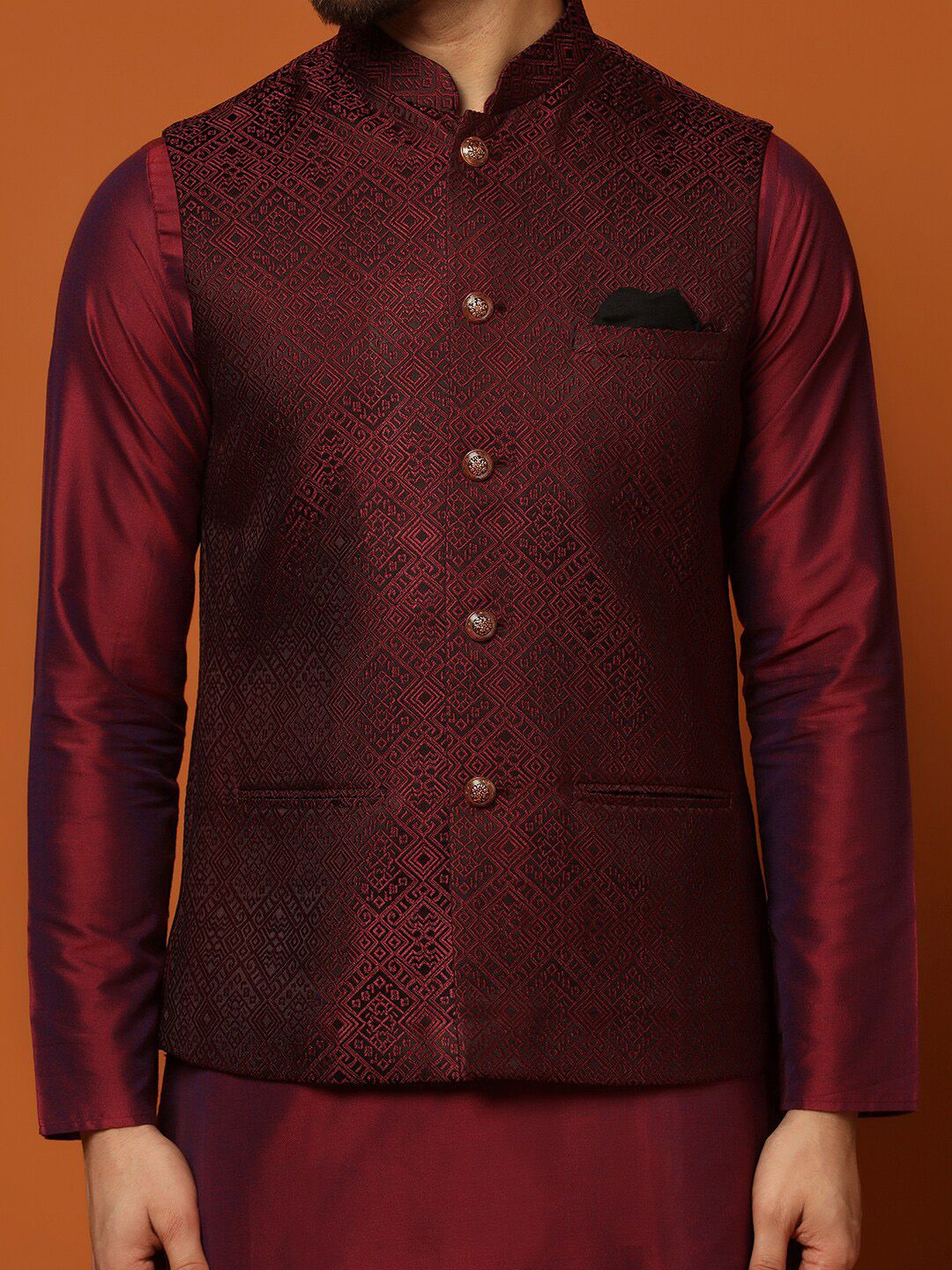 KISAH Mandarin Collar Regular Kurta with Churidar & Woven Design Nehru Jacket - Image 2