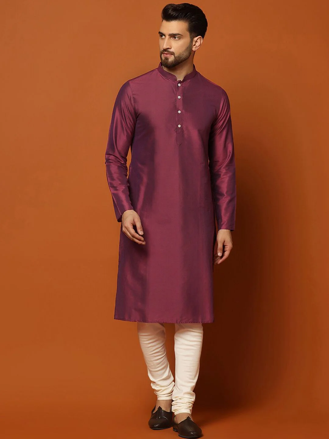 KISAH Mandarin Collar Regular Kurta with Churidar & Woven Design Nehru Jacket - Image 4