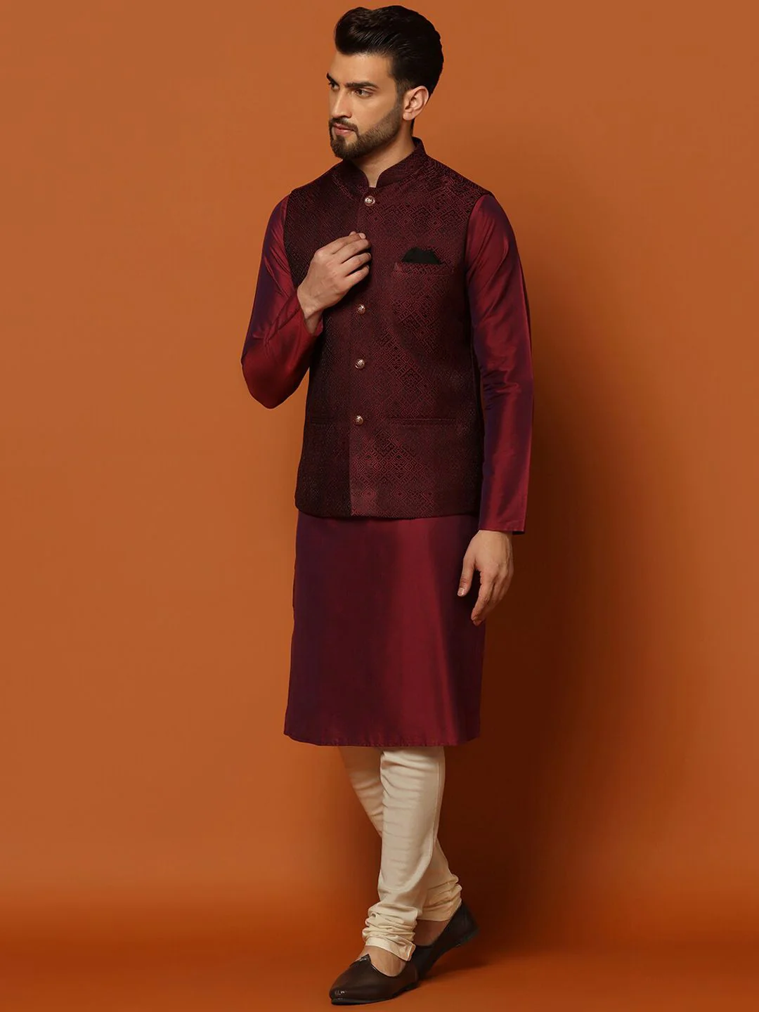 KISAH Mandarin Collar Regular Kurta with Churidar & Woven Design Nehru Jacket - Image 5