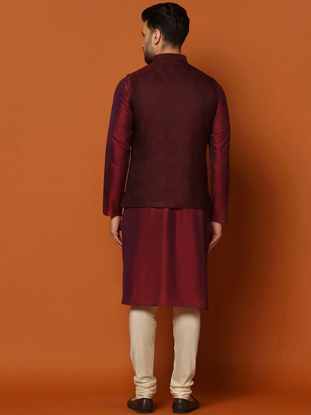 KISAH Mandarin Collar Regular Kurta with Churidar & Woven Design Nehru Jacket - Image 6