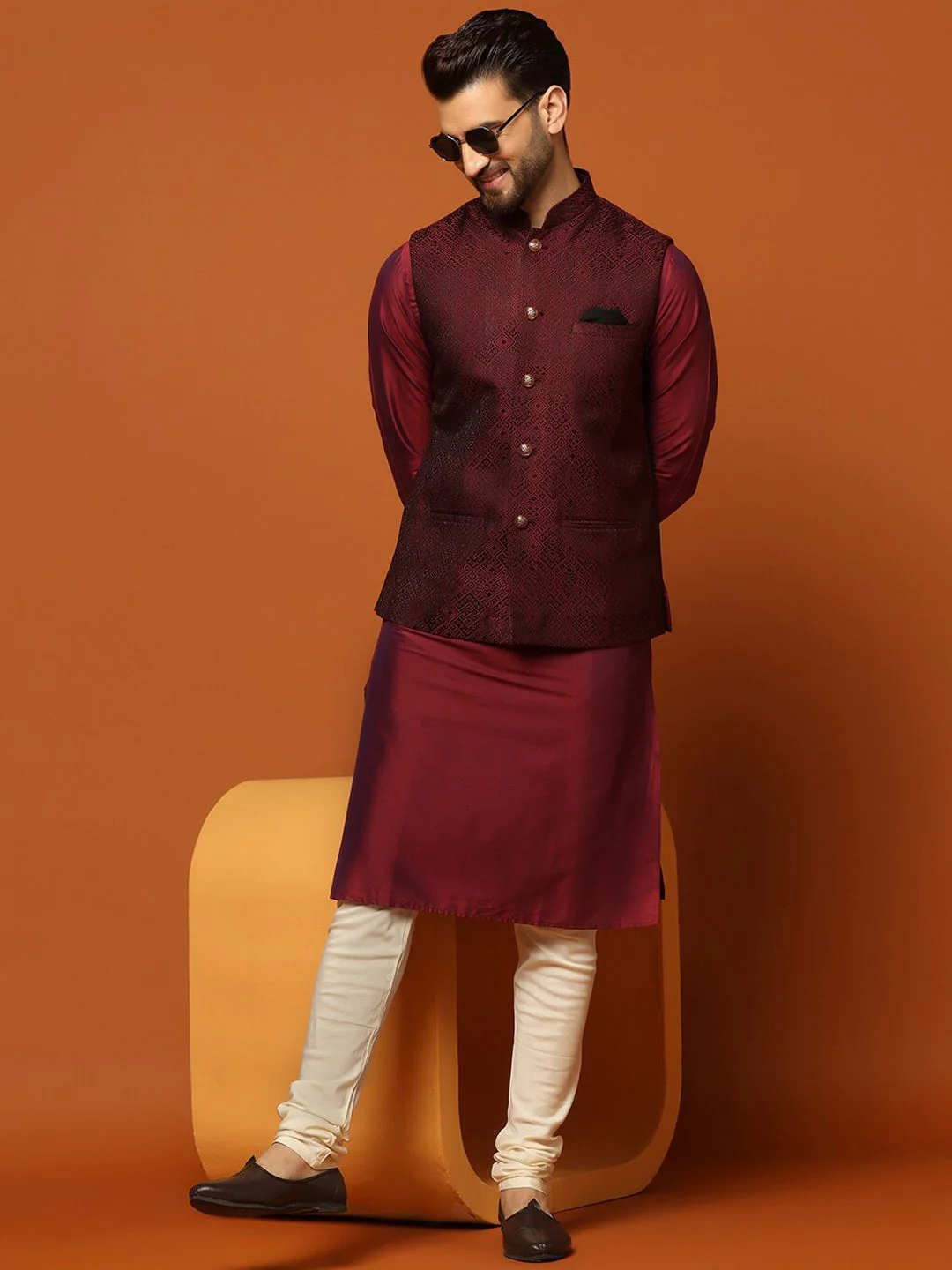 KISAH Mandarin Collar Regular Kurta with Churidar & Woven Design Nehru Jacket - Image 7