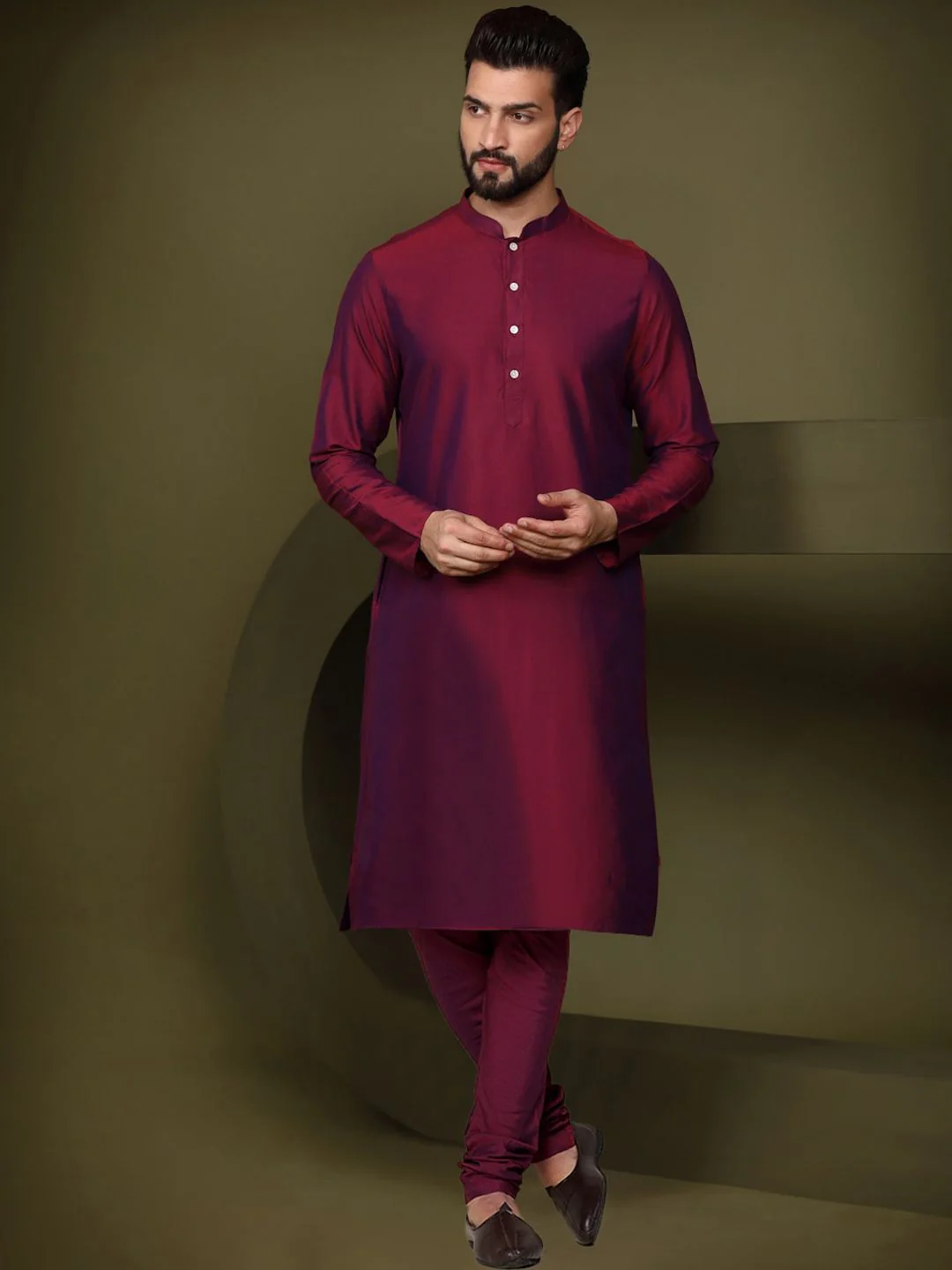 KISAH Mandarin Collar Straight Kurta With Churidar & Nehru Jacket - Image 7