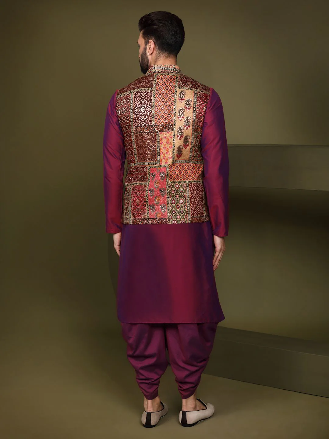 KISAH Men Abstract Printed Regular Fit Kurta Jacket Dhoti Set - Image 6