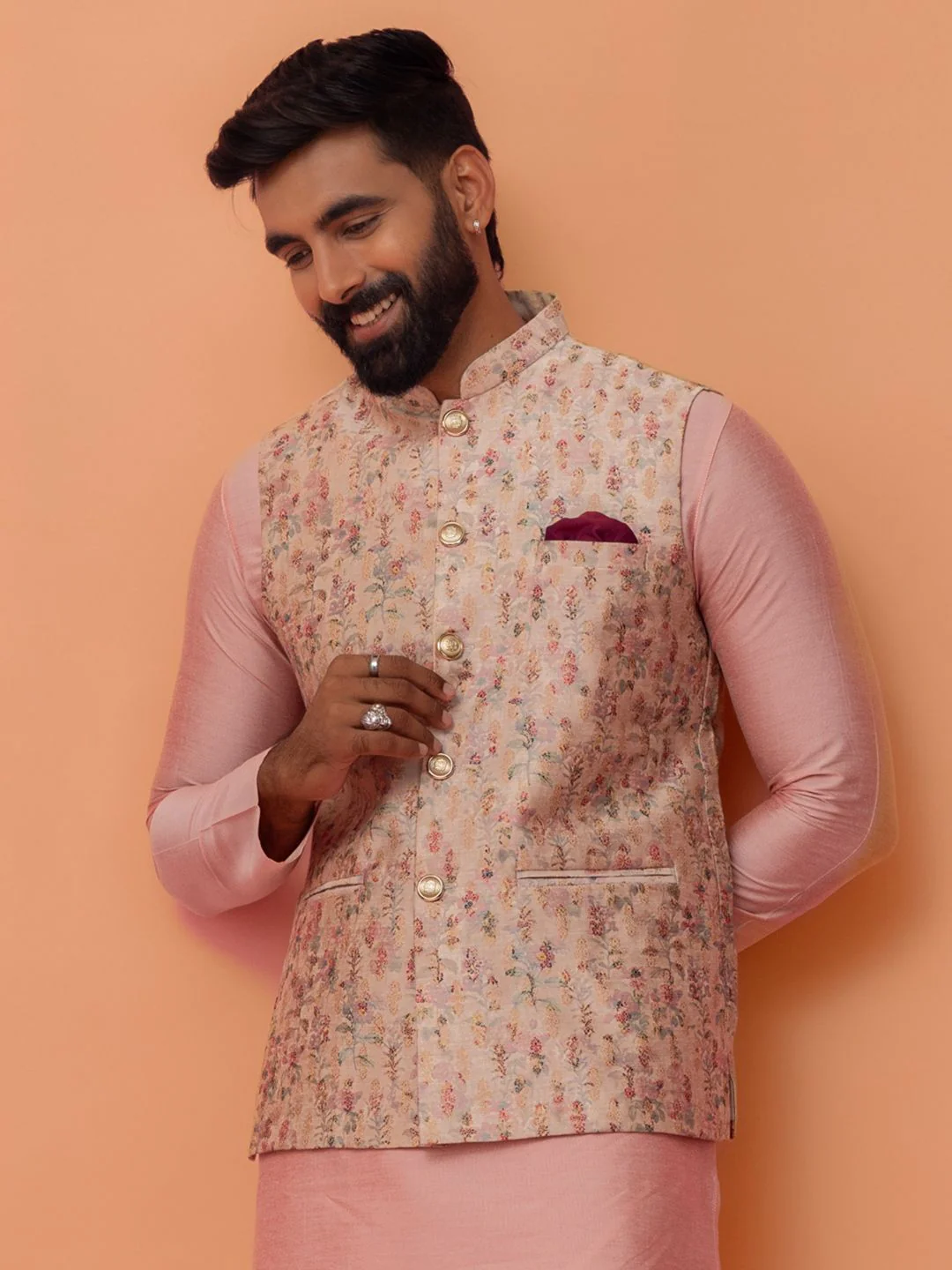 KISAH Men Beige & Gold Printed Nehru Jacket