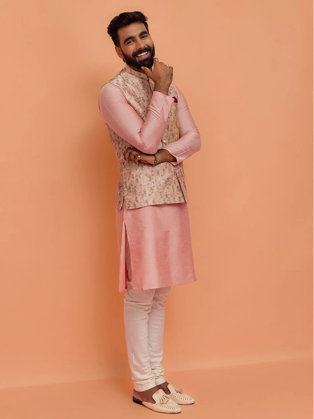 KISAH Men Beige & Gold Printed Nehru Jacket - Image 5